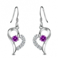 Rhodium Plated 925 Sterling Silver Amethyst Diamond Accent Heart Earrings-SE3257
