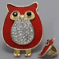 DR - Animal Owl Ring, Stretchable, 1 1/4W, 1 3/4L / Stretchable. Gold & Red with Stones