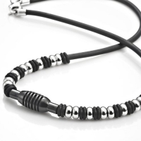 Mens Stainless Steel Rubber Surfer Beads Necklace Chain 21 (Silver Black)