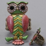 DR - Animal Multi Color with Rhinestones Owl Ring, Stretchable, with Stones, 3/4 W, 1 1/2 L , Gold / Green/ Yellow/ Pink