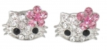 Adorable X-small 1/4 Kitty Stud Earrings w/ Pink Flower Bow - Silver Plated - Comes Gift Boxed
