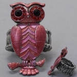 DR - Animal Multi Color Rhinestone Owl Ring, Stretchable, with Stones, 3/4 W, 1 1/2 L , Silver & Pink
