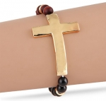 Chic Goldtone Fashion Cross Bracelet with Black, Brown and Goldtone Beads. Cross Pendant - Length: 2 inches, Width: 1.5 inches, Thickness: 2.5 mm. Stretchable Bracelet. One size fits all. With Free Gift Box. Lead Free.