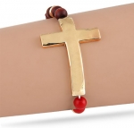 Chic Goldtone Fashion Cross Bracelet with Red, Brown and Goldtone Beads. Cross Pendant - Length: 2 inches, Width: 1.5 inches, Thickness: 2.5 mm. Stretchable Bracelet. One size fits all. With Free Gift Box. Lead Free.