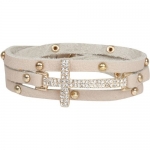 Taupe Leather Triple Wrap Bracelet with Crystal Sideways Cross and Gold Tone Studs