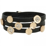 Trendy Black Leather Wrap Bracelet with Gold Tone Crystal Accented Disks