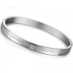 Titanium Stainless Steel Bracelet Bangle with Engraved Checker Board and Cubic Zirconia Inlay Oval Bangle