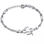 White Gold Plated Sterling Silver Womens Anklet Bracelet for Women with Open Four Leaf Clover Open Heart and Multi Strand Chain 9.5 in. Long