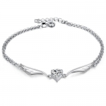 White Gold Plated Anklet Ankle Bracelet Angel Wings and Clear Heart Cubic Zirconia Crystal