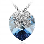 Ribbon Bow Love 18k Gold Plated Heart Shaped Swarovski Crystal Pendant Necklace - Bermuda Blue