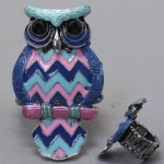 DR - Animal Multi Color Owl Ring, Stretchable, with Stones, 3/4 W, 1 1/2 L , Silver, Blue & Pink