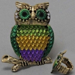 DR - Multi Color Gold Tone Animal Owl Ring, Stretchable, 1 W, 1 1/2 L, Gold / Green / Purple / Yellow