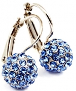 Small 3/4 Hoop Earrings with 10 mm Sparkling Blue Austrian Crystal Ball/Fireball Earrings - White Gold Overlay