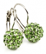 Small 3/4 Hoop Earrings with 10 mm Light Green Austrian Crystal Ball/Fireball Earrings - White Gold Overlay