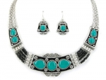 Silver Tone Turquoise Blue Color Bib Necklace Earring Set for Women
