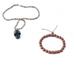 2-In-One Price-Organic Skull Necklace w/ Stretchable Buddah Bracelet - Brown,Black&White