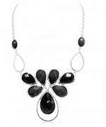 Silver Tone Jet Black Crystal Bib Necklace for Women