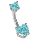 14G 3/8 - Petite Hearts Aquamarine Solid 14K White Gold Belly Ring - (March)