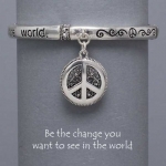 Womens Silver Bracelet, Peace Sign, Stretchable, Be the Change you want to see in this world. Bracelet Size : 1 1/4 High