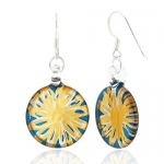 Sterling Silver Hand Blown Venetian Murano Glass Earrings Blue with Yellow Flower Fashion Fashion Jewelry for Women, Teens, Girls