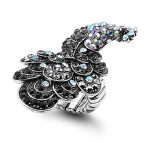 Stretchable Fashion Ring with Black and Clear Stones - Peacock Design - Face Height:49mm,Face Width:31mm,Face Thickness:4.5mm,Band Thickness:9mm , Size: One Size Fits All