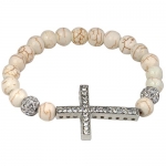 Stretchable Sideways Cross Bracelet With White Turquoise Beads & Crystal Cross