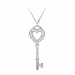 Sterling Silver Key and Cubic Zirconia Heart Top Pendant Necklace with Rolo Chain, 18