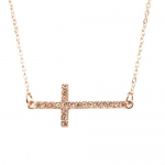 Rose Gold Plated Crystal Sideways Cross Necklace 18 - Side Cross Necklace - Cross Size 0.9x1.7 Inches