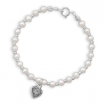 Sterling Silver Childrens Girls Bracelet Jewelry 6 Cultured Freshwater Pearl and Silver Bead Bracelet with Oxidized Heart Charm. Perfect for Christmas, Church, First Communion, Easter, Graduation, Sunday Dress, Christening or Birthday.