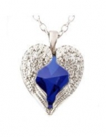 Shimmering Silver Plated Angel Wing Blue Titanic Heart of the Ocean Guardian Angel Crystal Cubic Zirconia Pendant Necklace