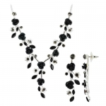 Silver Plated Black Roses Flower with Cubic Zirconia Accents Earrings and 15 to 19 inch Adjustable Necklace Set