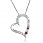 Three- Stone Ruby and Diamond Heart Pendant-Necklace set in Sterling Silver 18 inch