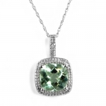 3ct Cushion Cut Green Amethyst and Diamond Pendant-Necklace in 10K White Gold 18in. Chain