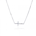 Rhodium Plated Sterling Silver High Polish Plain Sideways Cross Charm Necklace with 16-18 Adjustable Chain