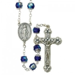 7mm Sapphire Capped Beads on 35 Rosary Necklace with Silver Plated Crucifix and Center.