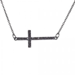 Black Rhodium Plated Crystal Sideways Cross Necklace 18 - Side Cross Necklace - Cross Size .075x1.5 Inches