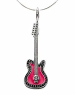 925 Sterling Silver Electric Guitar Skull Charm with Pink Enamel and Black Cz Diamonds