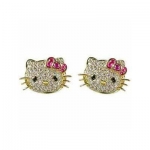 Adorable 14k Gold Plated Hello Kitty Crystal Cz Stud Celebrity Teen Earrings with Pink Bow
