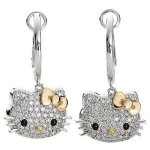 Loveable Silver Plated Hello Kitty CZ Hoop Earrings with 14K Gold Bow