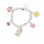Hello Kitty Crystal Cubic Zirconia Glitter Multi Charm Bracelet with Hello Kitty Pink Flower Bow, Ladybug and Butterfly