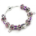 Pandora compatible Peacock Charm with Black & Pink Murano Glass Beads Charm Bracelet