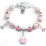 Pandora compatible Pink Enamel Handbag with Hearts Charm Bracelet