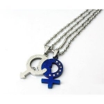 316L Stainless Steel CZ Male Female Symbols Couples Pendant Necklace Set 20''(Silver&Blue)
