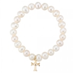 10k Yellow Gold Genuine Fresh Water Pearl Cross Charm Bracelet, 7