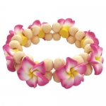 Hawaiian Pink Plumeria Flower and Wood Bead Elastic Bracelet