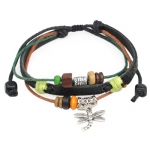Dragonfly Colorful Bead Charm Leather Bracelet Adjustable Wirstband