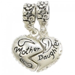 Silver Gilt Halved Heart Mother & Daughter Hanging Charms - (TWO PIECES) Fits Pandora Bracelets & Necklaces