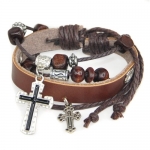 Antique Retro Cross Leather Bracelet with Bead Charm Adjustable Wirstband
