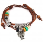 Owl Pendant Wood Multicolor Beads Adjustable Drawstring Wirstband Leather Bracelet