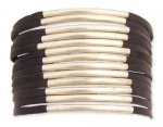 ZAD Black Leather & Silver Metal Bars Bracelet with 13 Rows of Bars Adjustable Button Closure